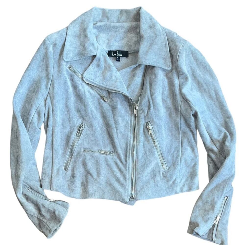 Lulus Moto Jacket Womens Size Large Asymmetrical Gray Faux Suede Full Zip Edgy